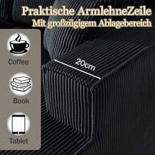 Canapé D’angle L Compressé En Velours Côtelé Noir