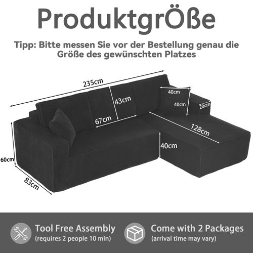 Canapé D’angle L Compressé En Velours Côtelé Noir