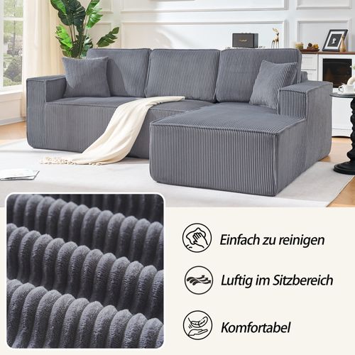 Canapé D’angle L Compressé En Velours Côtelé Gris