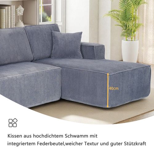 Canapé D’angle L Compressé En Velours Côtelé Gris