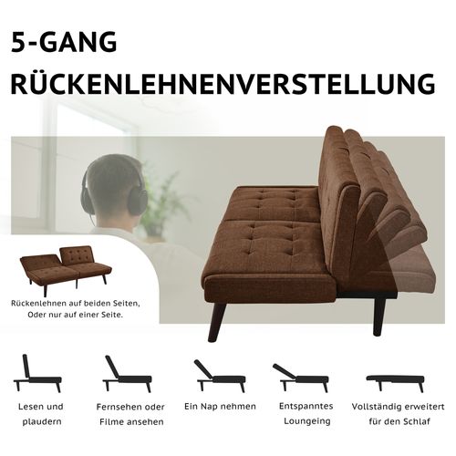 Canapé Pliable 2 Places Avec Dossier 5 Positions, Tissu Marron Respirant, Idéal Petits Espaces