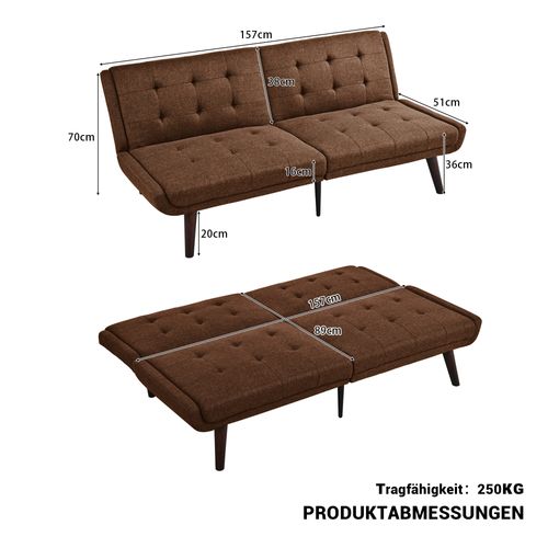 Canapé Pliable 2 Places Avec Dossier 5 Positions, Tissu Marron Respirant, Idéal Petits Espaces
