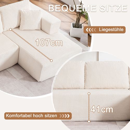 Canapé Modulable U Sans Pieds En Corduroy Blanc, 3 Places, Coussins Inclus, Confortable Et Élégant
