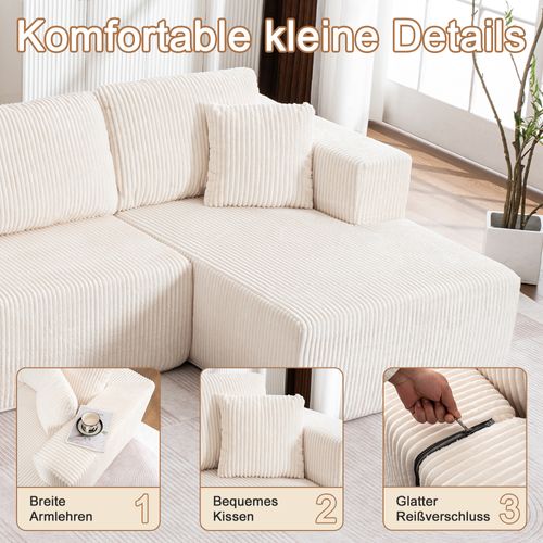 Canapé Modulable U Sans Pieds En Corduroy Blanc, 3 Places, Coussins Inclus, Confortable Et Élégant