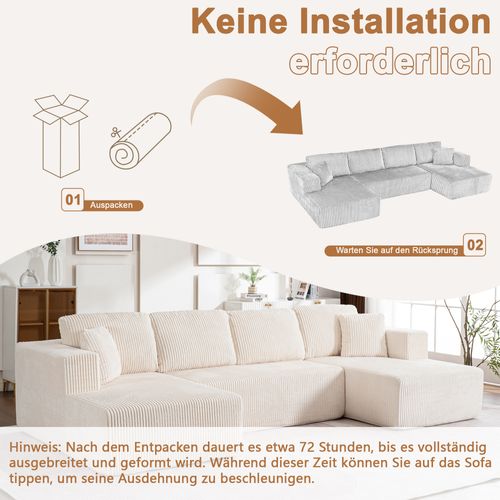 Canapé Modulable U Sans Pieds En Corduroy Blanc, 3 Places, Coussins Inclus, Confortable Et Élégant