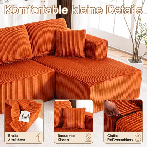 Canapé Modulable U Sans Pieds En Corduroy Orange, 3 Places, Coussins Inclus, Confortable Et Élégant