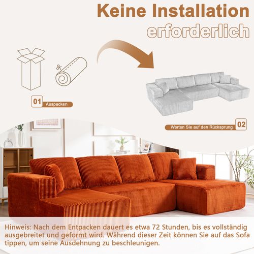 Canapé Modulable U Sans Pieds En Corduroy Orange, 3 Places, Coussins Inclus, Confortable Et Élégant