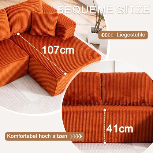 Canapé Modulable U Sans Pieds En Corduroy Orange, 3 Places, Coussins Inclus, Confortable Et Élégant