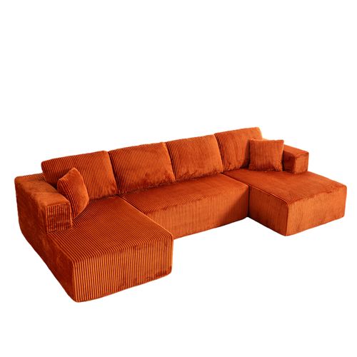 Canapé Modulable U Sans Pieds En Corduroy Orange, 3 Places, Coussins Inclus, Confortable Et Élégant
