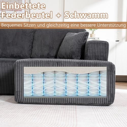 Canapé Modulable U Sans Pieds En Corduroy Gris, 3 Places, Coussins Inclus, Confortable Et Élégant