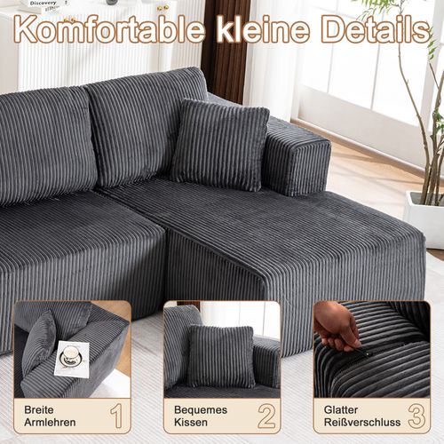 Canapé Modulable U Sans Pieds En Corduroy Gris, 3 Places, Coussins Inclus, Confortable Et Élégant