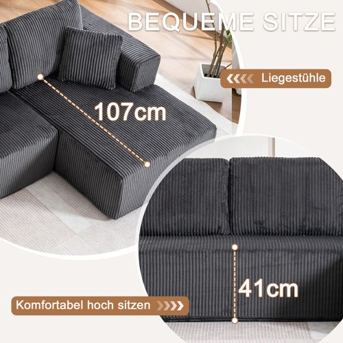 Canapé Modulable U Sans Pieds En Corduroy Gris, 3 Places, Coussins Inclus, Confortable Et Élégant