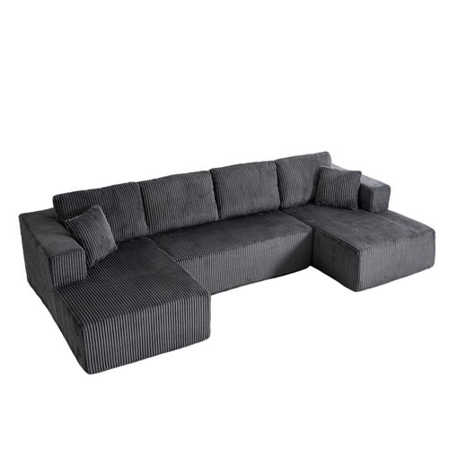 Canapé Modulable U Sans Pieds En Corduroy Gris, 3 Places, Coussins Inclus, Confortable Et Élégant