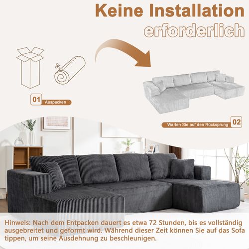 Canapé Modulable U Sans Pieds En Corduroy Gris, 3 Places, Coussins Inclus, Confortable Et Élégant