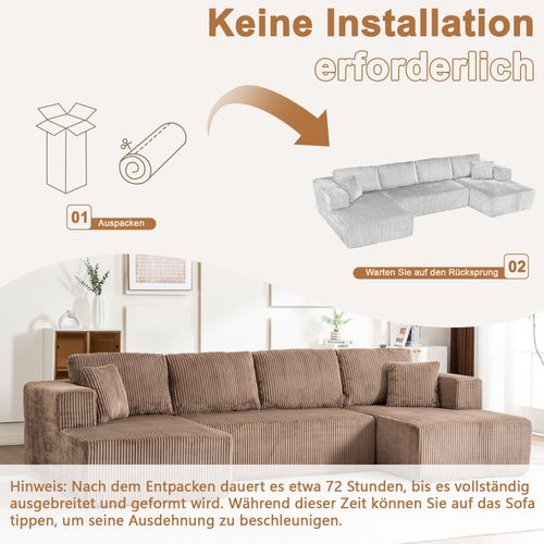 Canapé Modulable U Sans Pieds En Corduroy Marron, 3 Places, Coussins Inclus, Confortable Et Élégant
