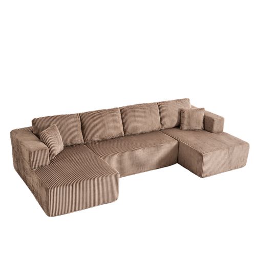 Canapé Modulable U Sans Pieds En Corduroy Marron, 3 Places, Coussins Inclus, Confortable Et Élégant