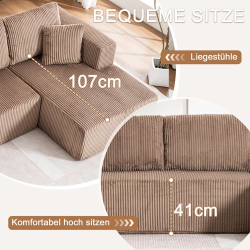 Canapé Modulable U Sans Pieds En Corduroy Marron, 3 Places, Coussins Inclus, Confortable Et Élégant