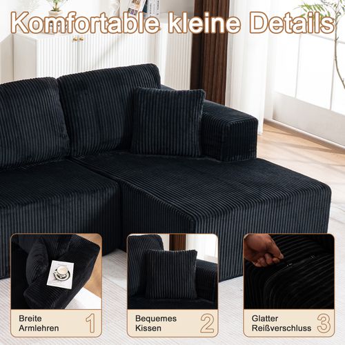 Canapé Modulable U Sans Pieds En Corduroy Noir, 3 Places, Coussins Inclus, Confortable Et Élégant
