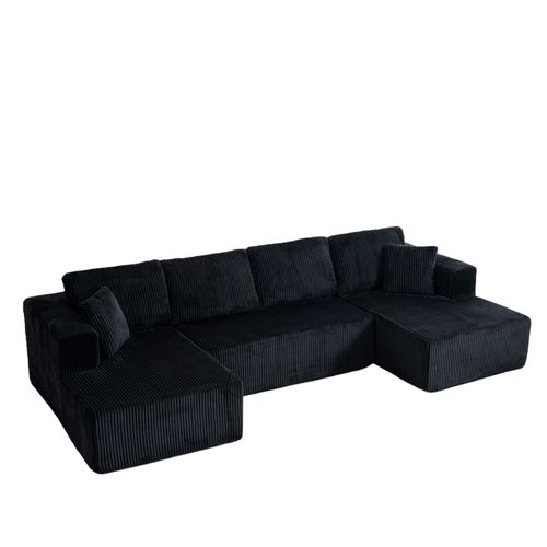 Canapé Modulable U Sans Pieds En Corduroy Noir, 3 Places, Coussins Inclus, Confortable Et Élégant