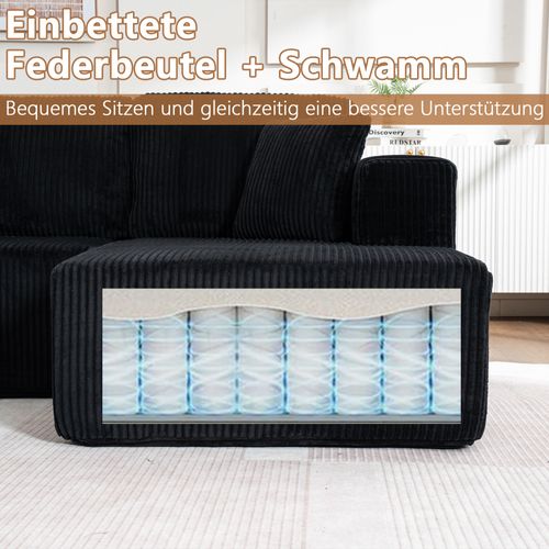 Canapé Modulable U Sans Pieds En Corduroy Noir, 3 Places, Coussins Inclus, Confortable Et Élégant