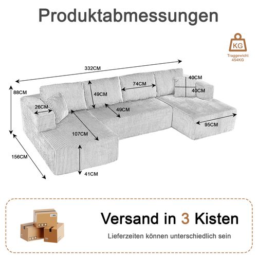 Canapé Modulable U Sans Pieds En Corduroy Noir, 3 Places, Coussins Inclus, Confortable Et Élégant