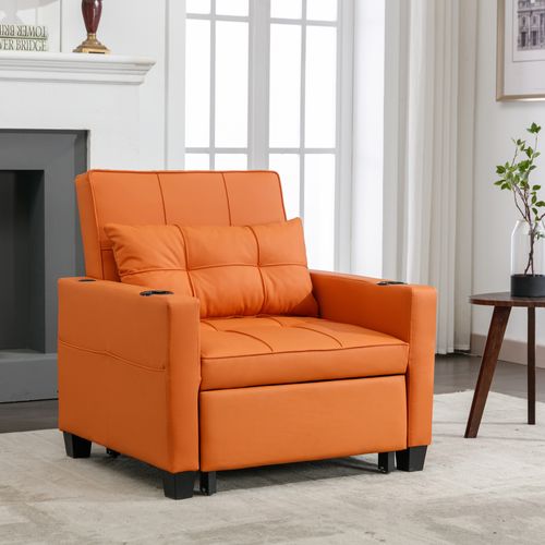 Fauteuil Convertible 3-en-1 Orange Avec Fonction Lit, Inclinaison Réglable, Porte-gobelets, Orange