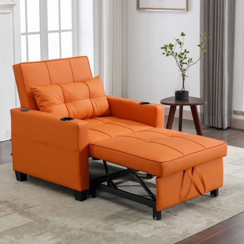 Fauteuil Convertible 3-en-1 Orange Avec Fonction Lit, Inclinaison Réglable, Porte-gobelets, Orange