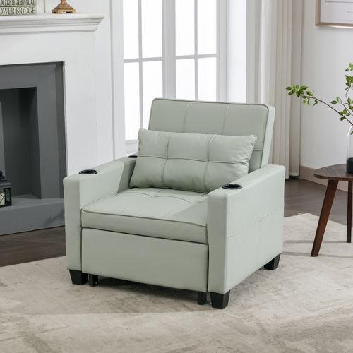 Fauteuil Convertible 3-en-1 Vert Clair Avec Fonction Lit, Inclinaison Réglable, Porte-gobelets