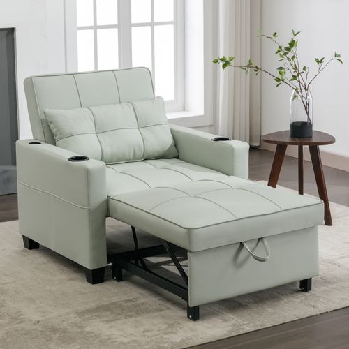 Fauteuil Convertible 3-en-1 Vert Clair Avec Fonction Lit, Inclinaison Réglable, Porte-gobelets