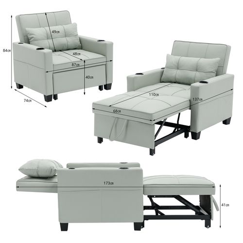 Fauteuil Convertible 3-en-1 Vert Clair Avec Fonction Lit, Inclinaison Réglable, Porte-gobelets