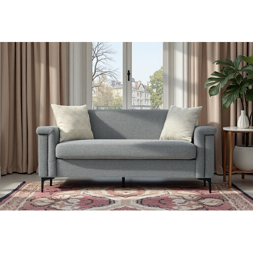 Canapé 2 Places Gris Clair En Tissu Lin, Structure Bois Massif Et Pieds Métal, Design Confort