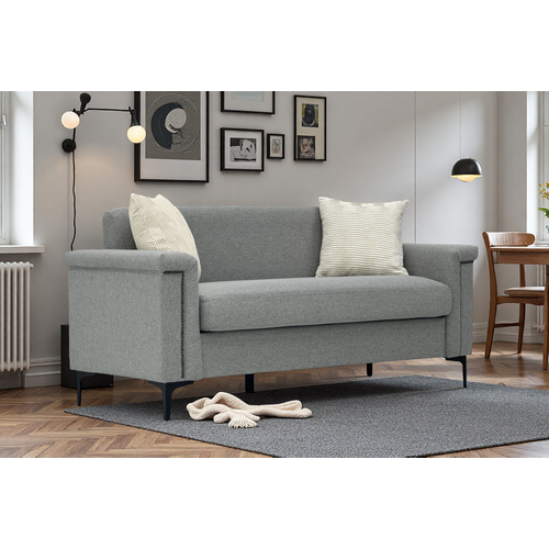 Canapé 2 Places Gris Clair En Tissu Lin, Structure Bois Massif Et Pieds Métal, Design Confort