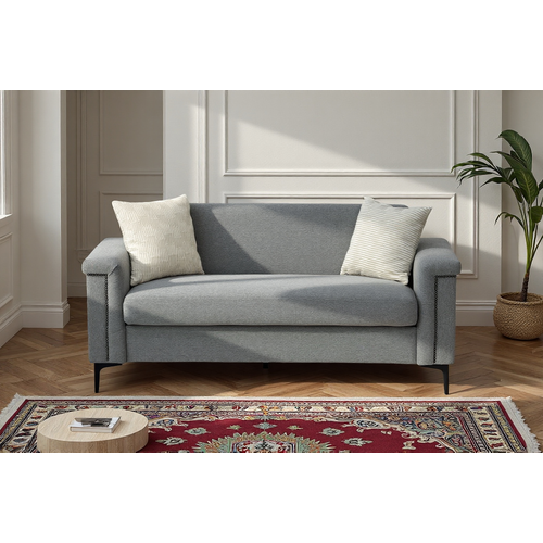 Canapé 2 Places Gris Clair En Tissu Lin, Structure Bois Massif Et Pieds Métal, Design Confort