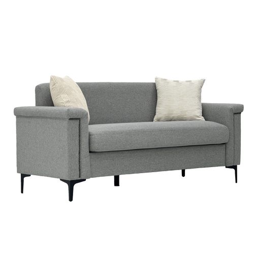 Canapé 2 Places Gris Clair En Tissu Lin, Structure Bois Massif Et Pieds Métal, Design Confort