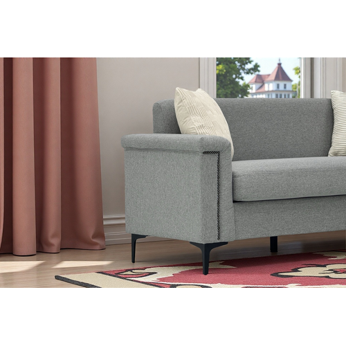 Canapé 2 Places Gris Clair En Tissu Lin, Structure Bois Massif Et Pieds Métal, Design Confort