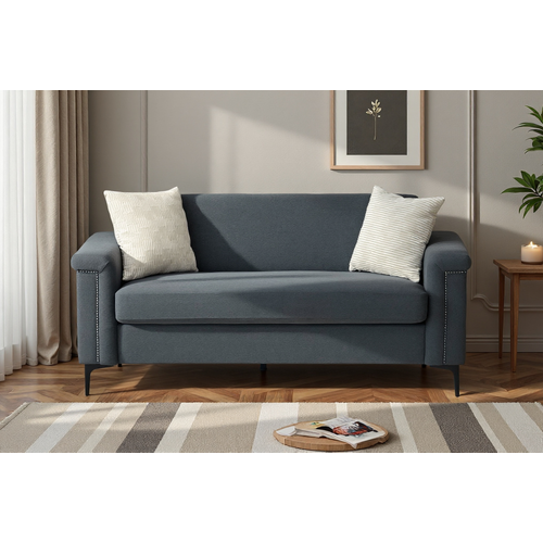 Canapé 2 Places Compact 172 Cm En Lin Gris Foncé, Structure Bois Massif, Pieds Métal, Confort