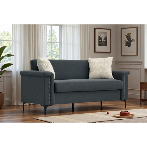 Canapé 2 Places Compact 172 Cm En Lin Gris Foncé, Structure Bois Massif, Pieds Métal, Confort