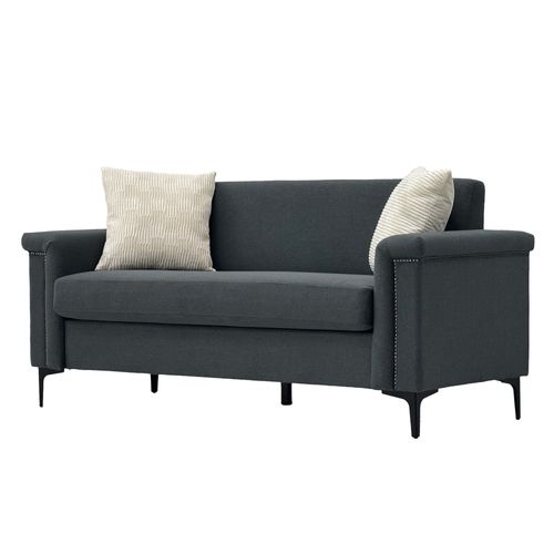 Canapé 2 Places Compact 172 Cm En Lin Gris Foncé, Structure Bois Massif, Pieds Métal, Confort