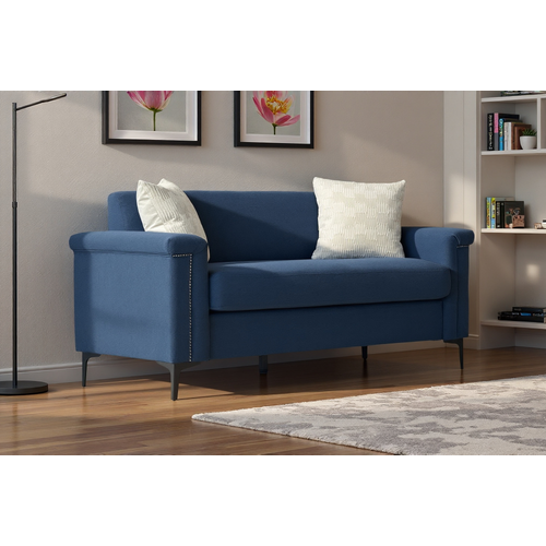 Canapé 2 Places Compact 172 Cm En Lin Bleu, Structure Bois Massif, Pieds Métal, Confort