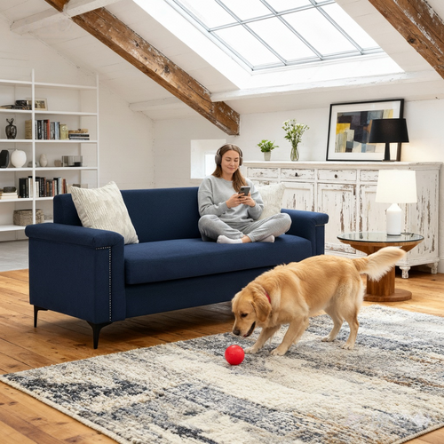 Canapé 2 Places Compact 172 Cm En Lin Bleu, Structure Bois Massif, Pieds Métal, Confort