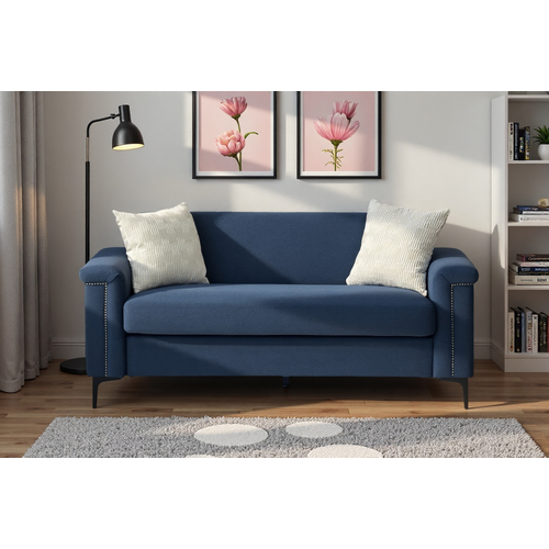 Canapé 2 Places Compact 172 Cm En Lin Bleu, Structure Bois Massif, Pieds Métal, Confort