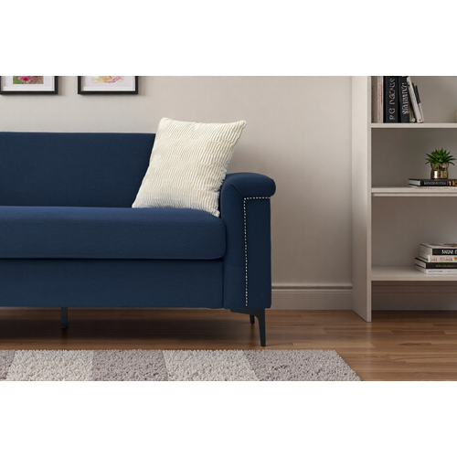 Canapé 2 Places Compact 172 Cm En Lin Bleu, Structure Bois Massif, Pieds Métal, Confort