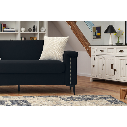 Canapé 2 Places Compact 172 Cm En Lin Noir, Structure Bois Massif, Pieds Métal, Confort