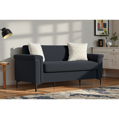 Canapé 2 Places Compact 172 Cm En Lin Noir, Structure Bois Massif, Pieds Métal, Confort