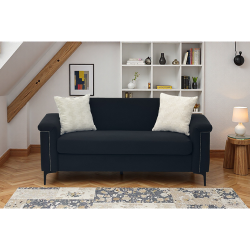 Canapé 2 Places Compact 172 Cm En Lin Noir, Structure Bois Massif, Pieds Métal, Confort