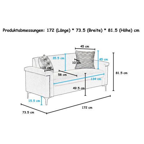 Canapé 2 Places Compact 172 Cm En Lin Noir, Structure Bois Massif, Pieds Métal, Confort