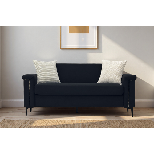 Canapé 2 Places Compact 172 Cm En Lin Noir, Structure Bois Massif, Pieds Métal, Confort