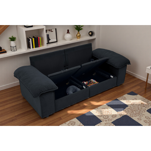 Canapé 2 Places Contemporain Avec Coffre De Rangement Intégré, Tissu Doux Effet Velours, Noir