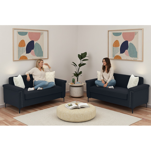 Canapé 2 Places Compact 172 Cm En Lin Noir, Structure Bois Massif, Pieds Métal, Confort, Lot De 2