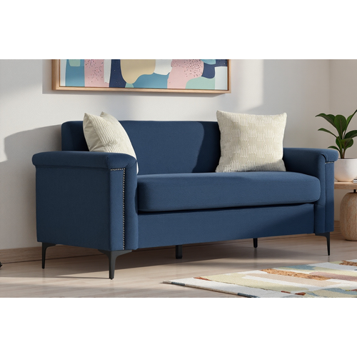 Canapé 2 Places Compact 172 Cm En Lin Bleu, Structure Bois Massif, Pieds Métal, Confort, Lot De 2